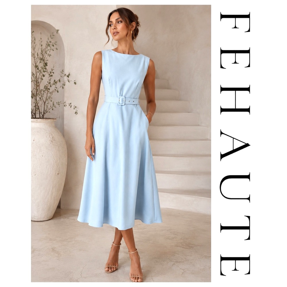 Fehaute Light Blue Sleeveless Belted Chic Minimalist Modest Midi Dress 8 NWT